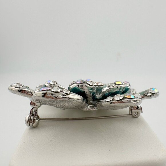 Shimmering Blue Green Peacock Crystal Flower Brooch - Picture 5 of 7